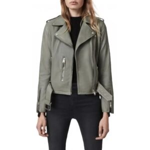 NWT All Saints Balfern Full Zip Leather Biker Jacket in Sage Green Sz. 00